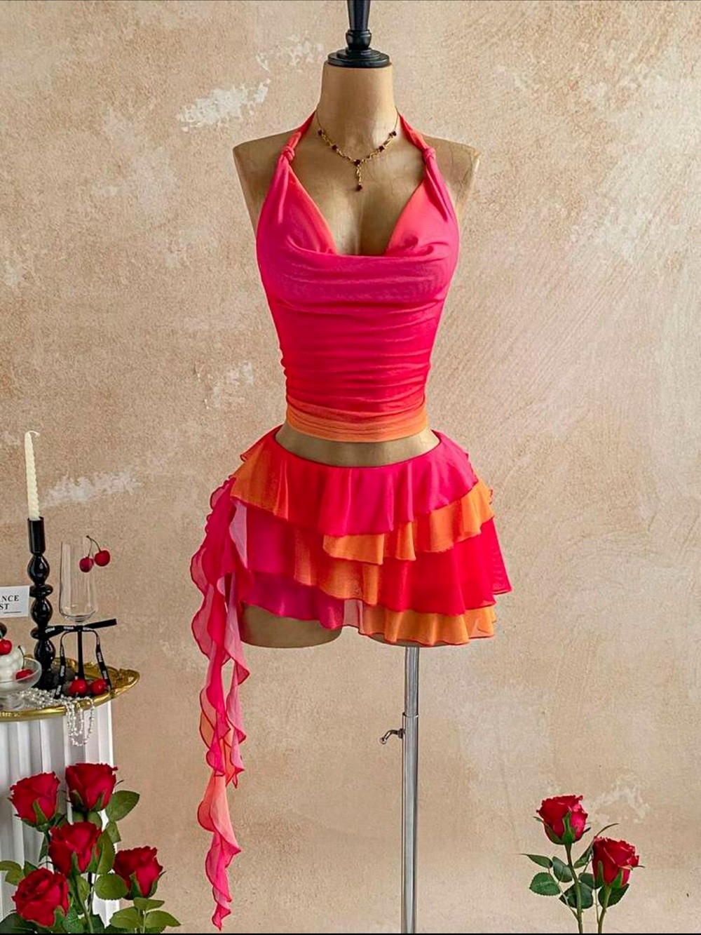 Women’s Halter Two-Piece Skirr Set in Pink and Orange